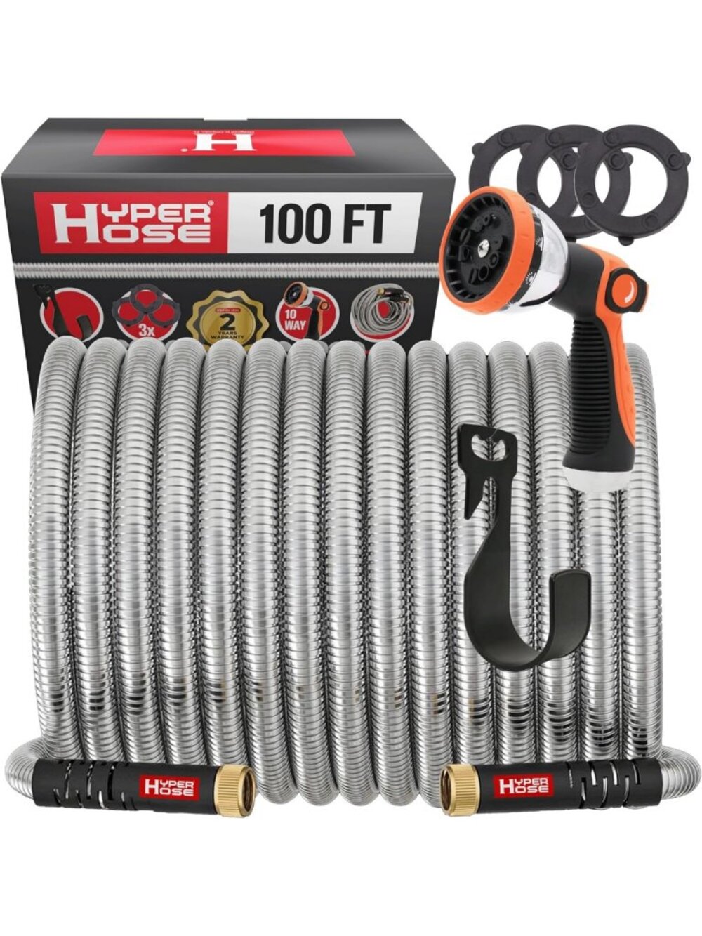 Durable 100ft Metal Garden Hose Set - No-Kink, Heavy Duty, Flexible